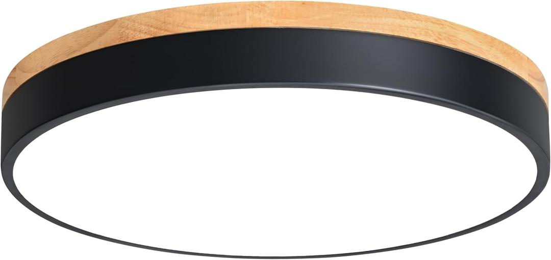 Dimmable Wood LED Flush Mount Ceiling Light, 5CCT 2700K-6000K Modern Black Close to Ceiling Lighting Fixtures, Minimalist Round Ceiling Lamp for Living Room, Bedroom, Laundry Room (15.8")