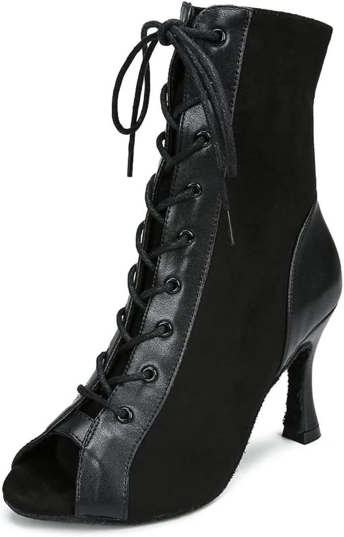 YYTing Women Suede Ballroom Dance Boots Latin Salsa Dress Shoes Practice Footwear 2.5inch 3.5inch Heels YT22 (Black)