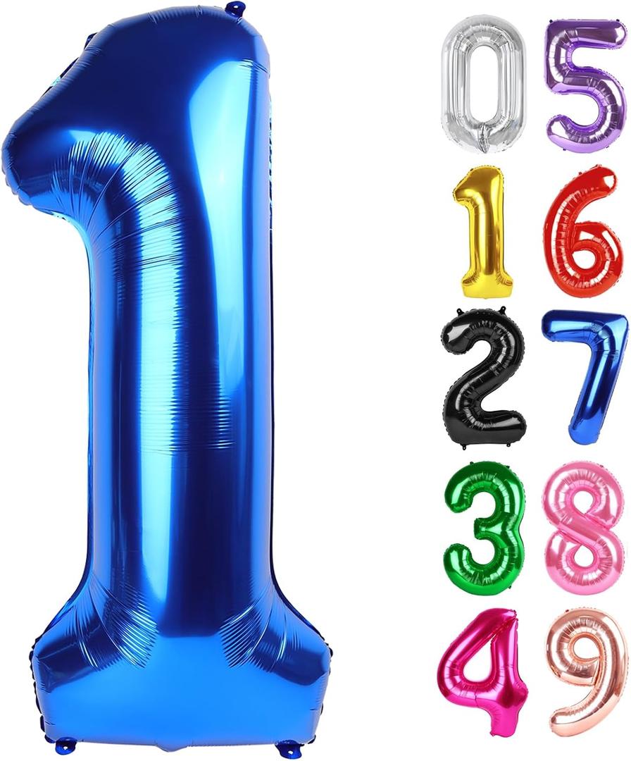 Metallic Blue Number 1 Balloon 40 Inch, 1st Birthday Balloon for Baby Boy Girl Toddler First Birthday Decorations, Shiny Metallic Blue Party Supplies