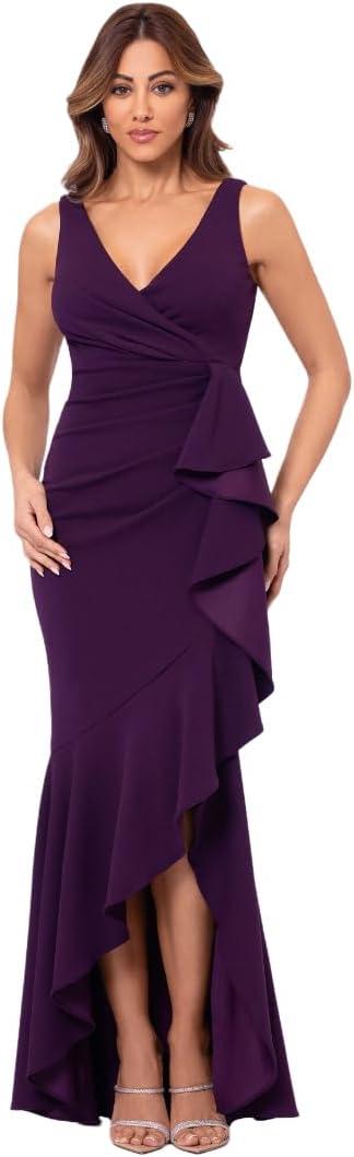 Betsy & Adam Women's V-Neck Hi Low Sleeveless Floor Length Cascade Dress with Draped Ruffle, Mulberry, 14