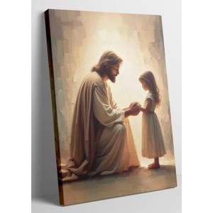 Jesus with Girl praying Wall Art Jesus with Children wall decor God painting Christian picture Bible Story Posters Prints Religious Faith Artwork for Kids Room Church Home Decoration,12x16in