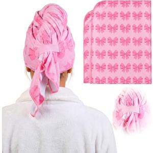 Unittype Coquette Pink Bow Bowknot Microfiber Hair Towel Wrap with Button for Women Girl Large 40 x 24 Inches Dry Hair Cap Turban Soft Fast Dry Wet Long Thick for Bathroom Anti Frizz Drying Towel