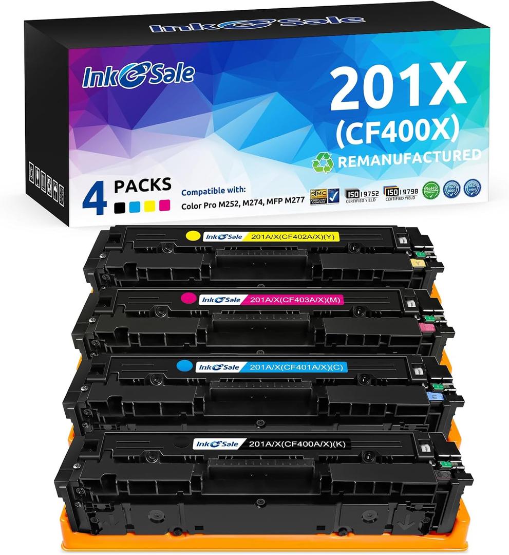 INK E-SALE Remanufactured Replacement for CF400X CF401X CF402X CF403X 201X CF400A Toner Cartridge for use with HP Color Pro MFP M277dw M252dw MFP M277n M252n Printer 4 Pack INK E-SALE Remanufactured Replacement for CF400X CF401X CF402X CF403X 201X CF400A Toner Cartridge for use with HP Color Pro MFP M277dw M252dw MFP M277n M252n Printer 4 Pack