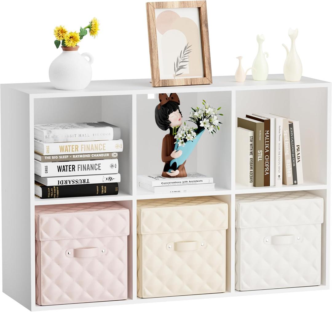 Wood 6 Cube Storage Organizer, 11 in Cube Shelf, White Cubby Storage Organizer with Back Panel & Open Compartments, Vertical or Horizontal Cube Bookshelf Bookcase for Living Room, Bedroom, Entryway