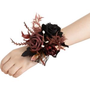 Ling's moment 6pcs Wedding Wrist Corsage Artificial Flowers, Girl/Mother Homecoming Prom Corsages Wristlet Halloween Dcor, etc. Black Gothic Burgundy