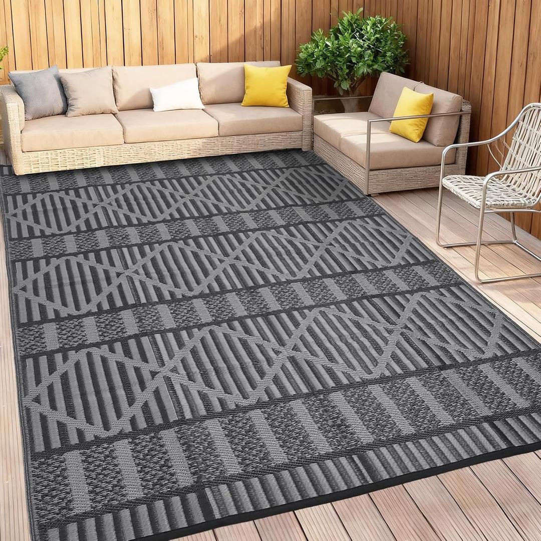 Outdoor Rug 9x12 Modern Striped Geometric Area Rugs for Indoor and Outdoor Patios and Porches - Waterproof, Washable, Non-Shedding, Easy-to-Clean Outside CarpetBlack/Grey