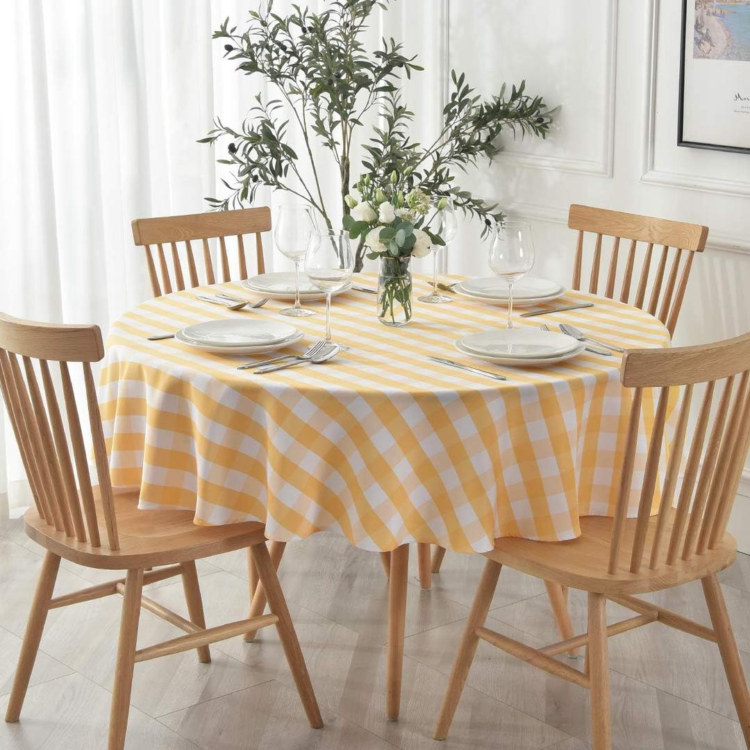 maxmill Round Checkered Tablecloth Spillproof Wrinkle Free Heavy Weight Gingham Table Cloth for Circular Table Buffalo Plaid for Buffet Banquet Parties Holiday Dinner 70 Inch Yellow and White