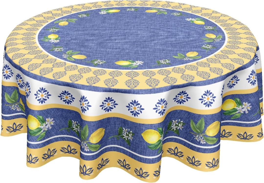 Kawani Lemon Round Tablecloth 70 Inch Blue Yellow French Country Style Fruit Floral Print Table Cloth Rustic Farmhouse Table Cover for Kitchen Dining Room Party Home Decor