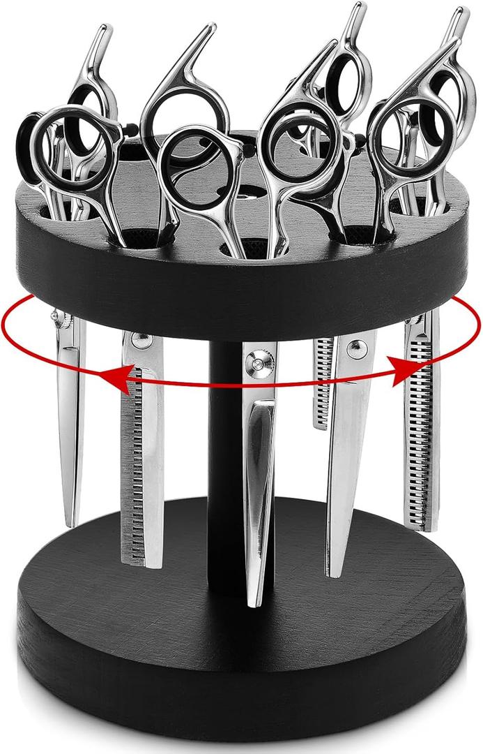 360 Degree Rotating Scissor Holder with 10 Diameter 0.71'' Hole Wooden Barber Shears Holder Salon Hair Stylist Container Stand for Barbershop Grooming Tool Storage, Black