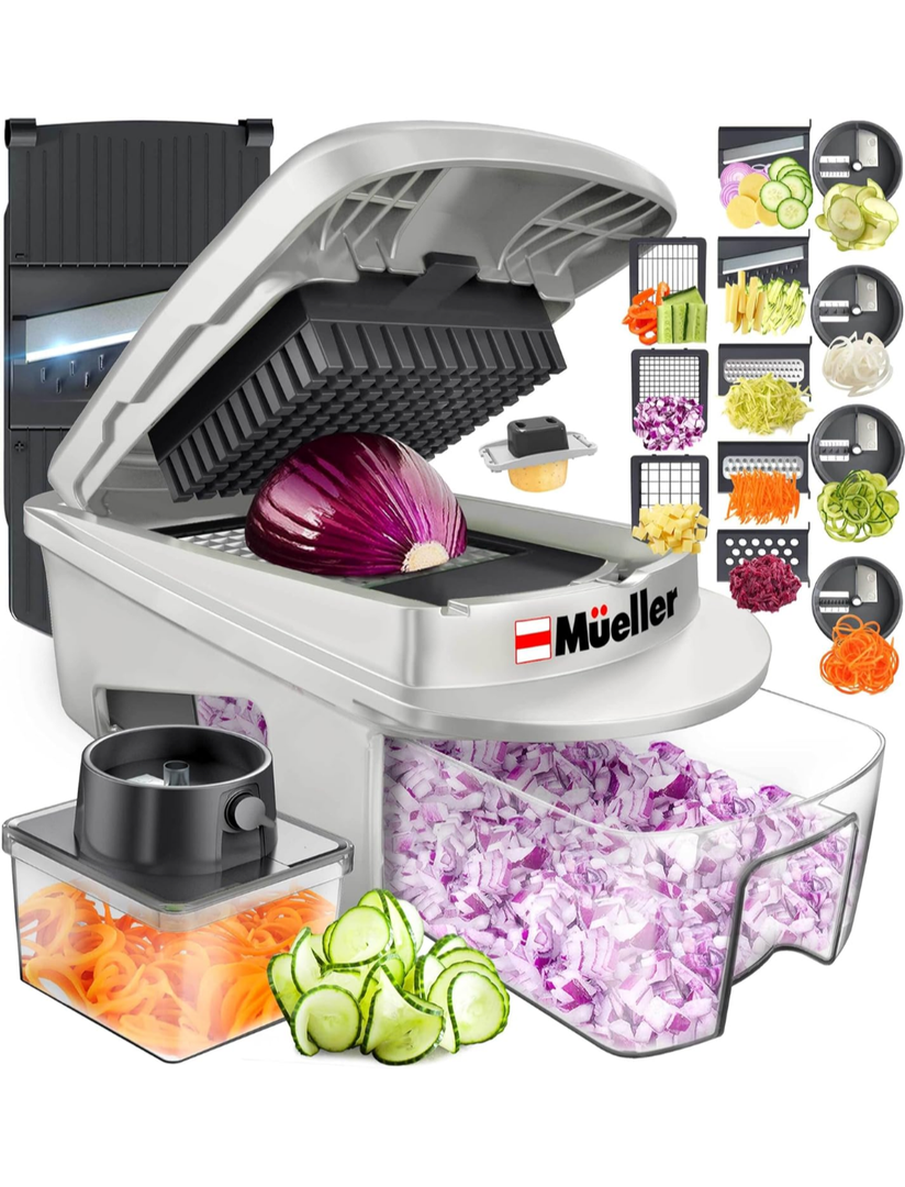 ‎Mueller Pro-Series All-in-One, 12 Blade Mandoline Slicer for Kitchen, Food Chopper, Vegetable Slicer and Spiralizer, Cutter, Dicer, Grater, Kitchen Gadgets Sets with Container, White Sand/Gray