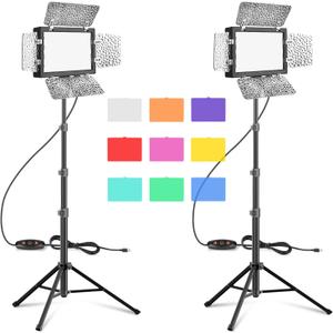 EMART LED Photography Lighting, Studio Light with 53inch Adjustable Tripod Stand and 9 Color Filters, 4 PCS Baffles, for Video Recording, Game Streaming, YouTube-2 Packs