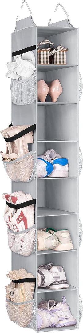 SLEEPING LAMB 8 Shelves Hanging Shoe Rack Hanger, Narrow Hanging Shoe Organizer for Closet Storage Clothes, Gloves, Bags, with 8 Large Mesh Pockets to Hold 16 Pairs Shoes in Dorm, Grey (52'')