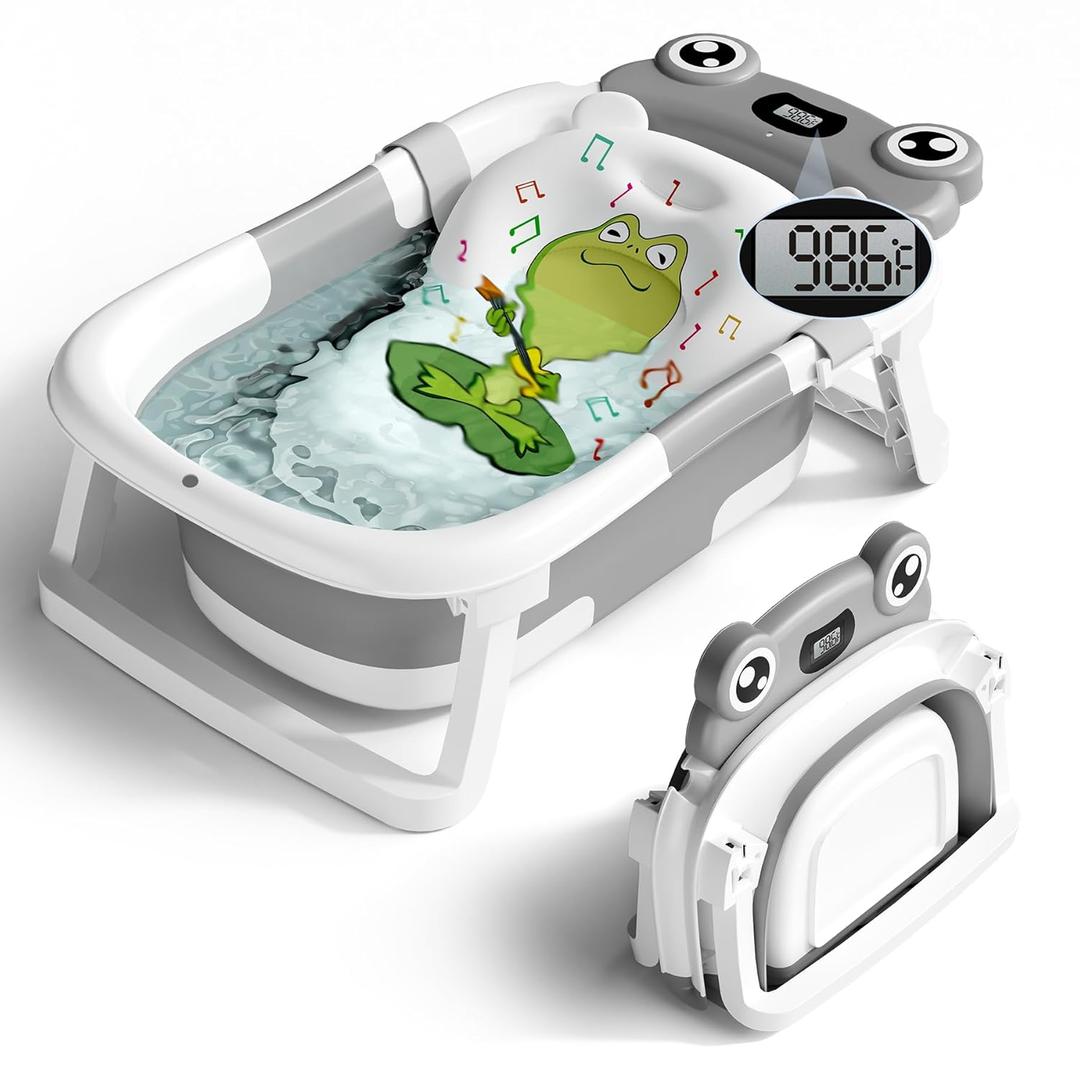 BUNWAG Baby Bathtub, Collapsible Newborn Bathtub for Infant to Toddler with Soft Cushion and Thermometer, Portable Travel Newborn Tub with No-Slip Feet, Baby Shower Gifts, 0-12 Months Baby Bath, Grey
