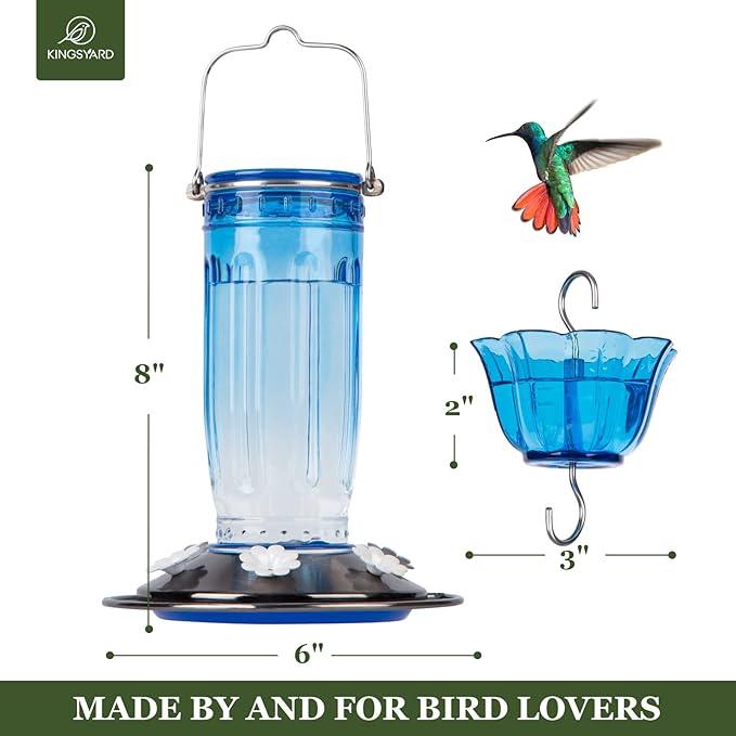 Kingsyard Glass Hummingbird Feeder for Outdoors Wild Bird Feeder with 6 Feeding Ports Hanging for Garden Yard, Green (Ant Moat Included)