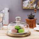 MyGift Cloche Dome Clear Glass Dessert Cheese Serving Tray 7.5 Inch Small Cake Cupcake Stand with Acacia Wood Base for Party Wedding