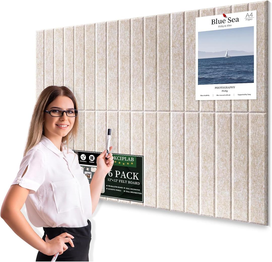 Large Cork Bulletin Board for Wall 36"x24", 6 Pack Felt Slat Wall Panel Tiles with 50 Pushpins, 30 Safe Removable Adhesive Tabs, Decorative Pin Board Tack Board for Office Home School (Beige, 36"x24")