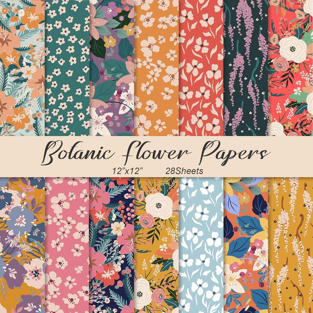 28 Floral Scrapbook Paper, 12"X12" Inch Vintage Flower Botanic Scrapbooking Papers for DIY Card Making Photo Album Journal Decor (Botanic 2)