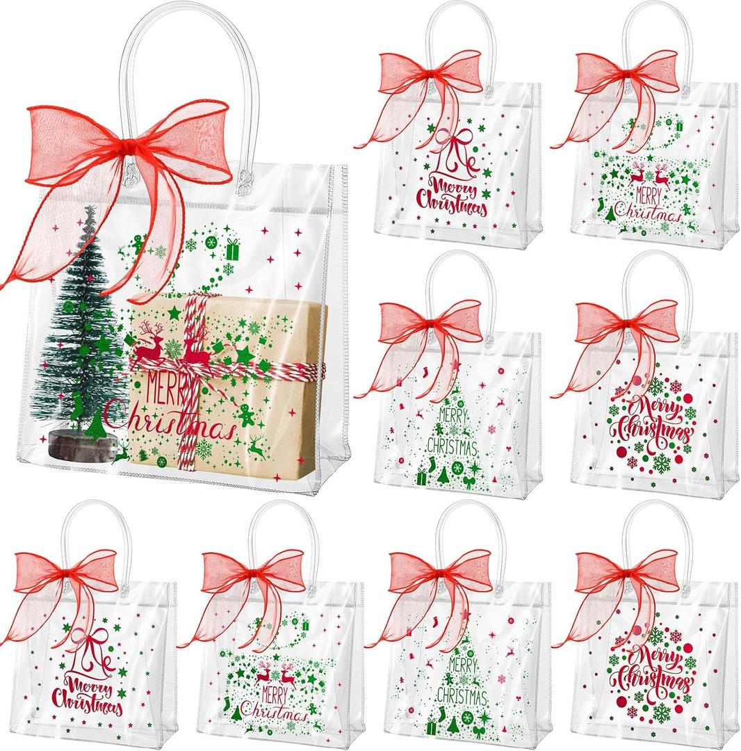 Henoyso 24 Pcs Red and Green Christmas Clear Gift Bags Plastic Goodie Candy Treat Bag with Handles PVC Gift Wrap Totes with Ribbon for Xmas Party Favors (7.8 x 7.8 x 3.1)