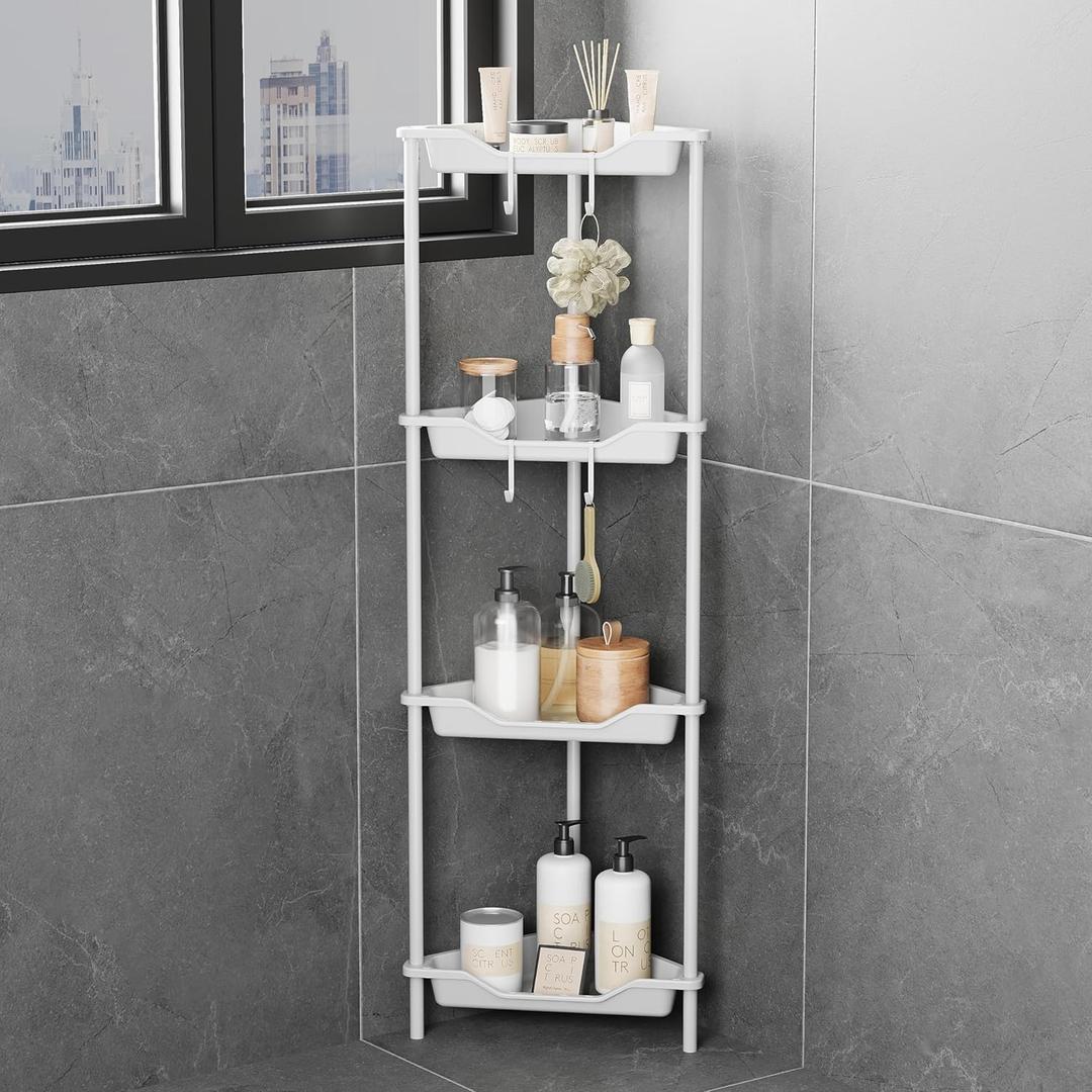 ODesign 4 Tier Corner Shower Caddy,Corner Shower Shelves for Living Room Bedroom Bathroom,Shower Table,Plastic Metal Splicing Ground Cabinet Storage Rack,10.8 x 10.8 x 44.6 inches White-Rustproof