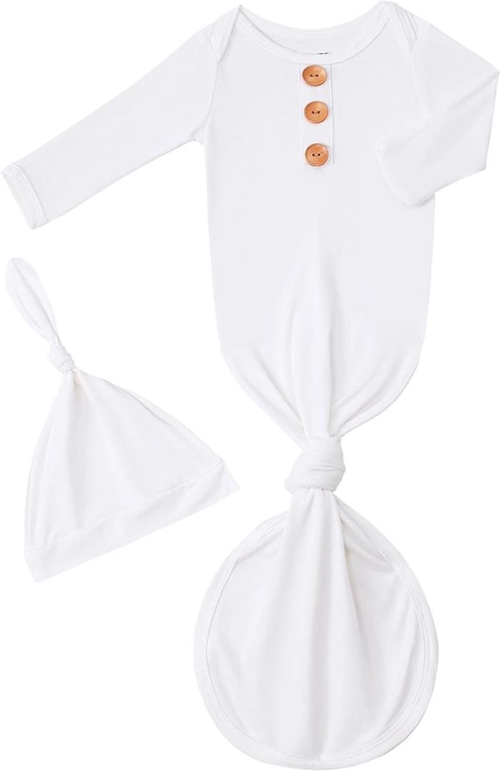 Newborn Baby Boys Girls Knotted Gown Hat Set Soft Bamboo Viscose Infant Sleeper Baby Sleep Gown with Mittens 0-3M