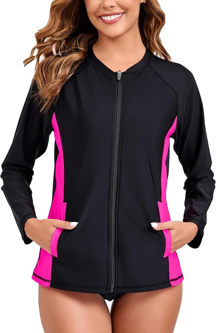 Halcurt Women's Full Zip Long Sleeve Rash Guard Swim Top with Pockets UPF50+ Quick Dry Swimsuit (XX-Large, Black/Hot Pink)