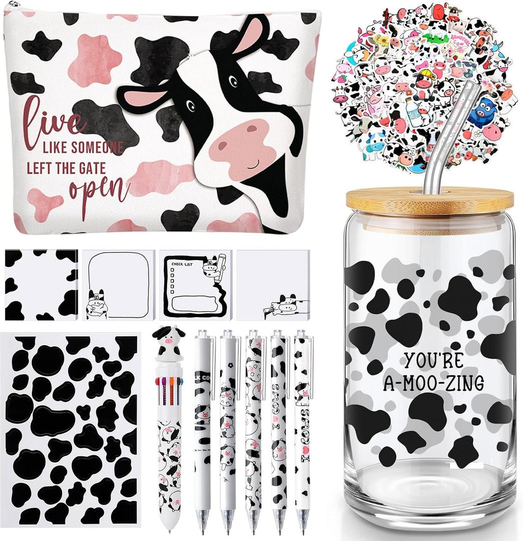 64 Pcs Cow Gifts for Women Cow Print Stuff Gift 16oz Tumbler Makeup Bag Pens Sticky Notes Stickers Multicolor Ballpoint Pen for Office Supplies Birthday Party Favors Baby Shower