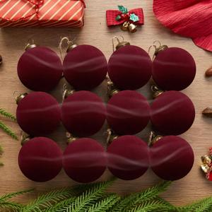 12PCS Light Scented Velvet Christmas Balls Ornament Shatterproof Velvet Xmas Tree Baubles Hanging Pendant for Winter Party Holiday Home Gift Office Yard Decor(Burgundy,2.36'')