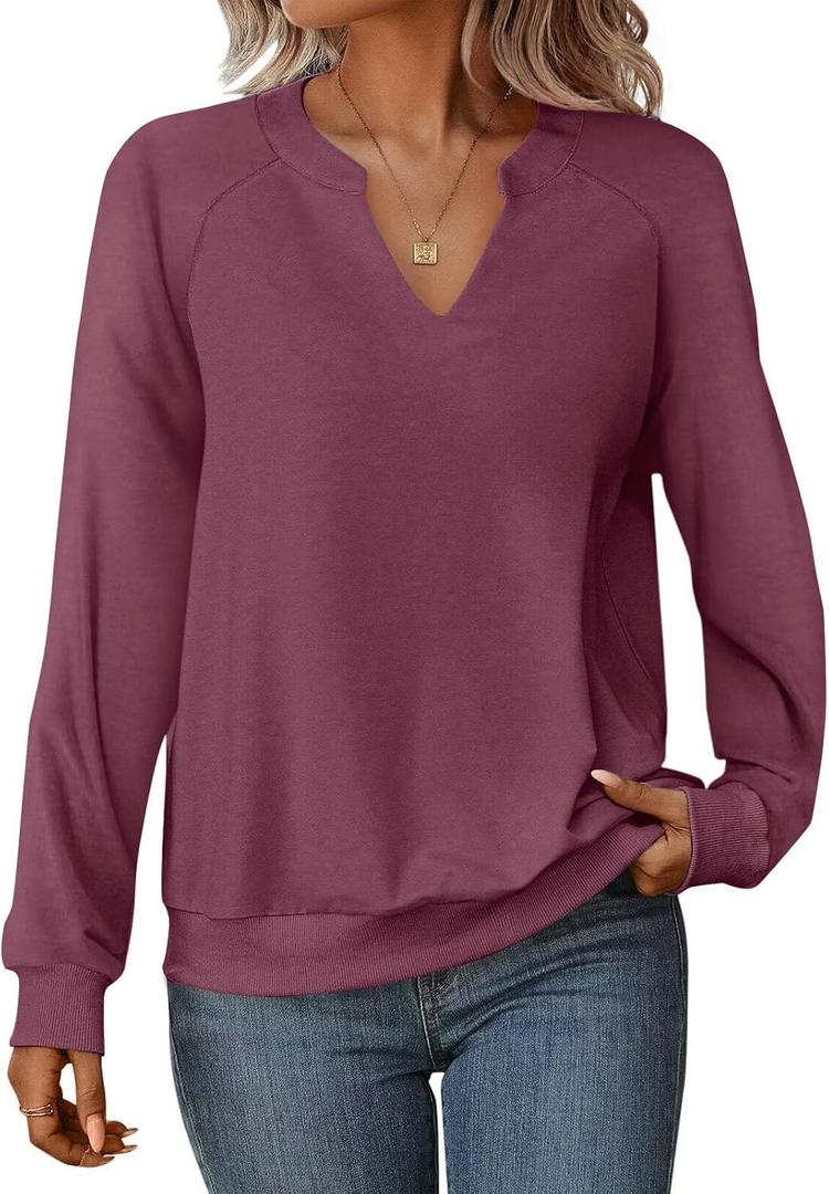 GKBK Womens Sweatshirts Long Sleeve V Neck Tops Fall Winter Basic Casual Lightweight Pullover Shirt (Small, Plum)