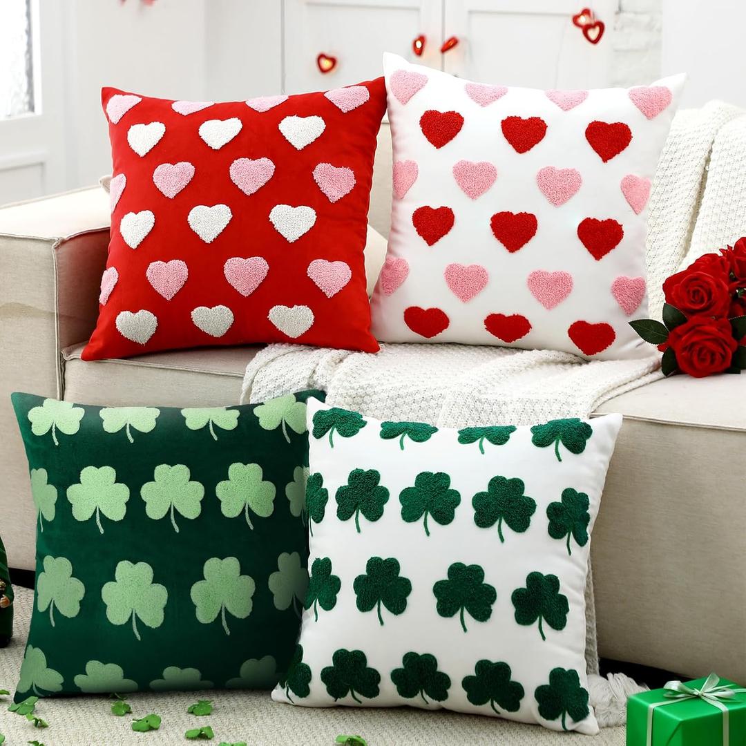 Oudain 4 Pcs St Patricks Day Pillow Covers 18x18 Inch Embroidery Shamrock Pillow Covers Valentine Cushion Cover Soft Holland Cloth St. Patrick Home Decor for Home Couch Sofa Bedroom Holiday Decor