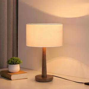18.5" Modern Table Lamp with Walnut Wood Base, Dimmable UL-Listed Desk and Nightstand Lamp for Living Room Bedroom Office, Perfect for Entryway Console Dorm and Home Decor, White Line Shade