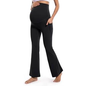 POSHDIVAH Women's Maternity Flare Leggings Over The Belly Pregnancy Workout Active Yoga Lounge Bootcut Pants with Pockets Black XX-Large