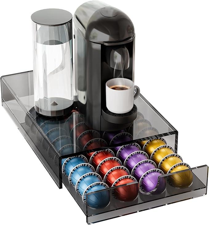 BXINREDA Acrylic Coffee Pod Organizer for Nespresso Vertuo Pod Holder 40 Pods Clear Vertuo Pod Storage Drawer (1 Tier) (Transparent Black)