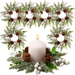 6 Pcs 8" Christmas Candle Rings Wreath Snowy Pine Garland Artificial White Berries and Pine Cones Wreaths Candle Ring Holder for Christmas Wedding Festive Home Table Decoration