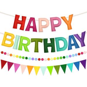Pre-Strung Happy Birthday Banner - Felt Ball Garland Happy Birthday Decorations Sign,Rainbow Colorful Party Decor for Women Men Kids