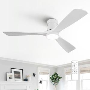 52-Inch White Ceiling Fan with Lights, Remote Control, Flush Mount, Dimmable, Reversible, Wood Blades, Power-Off Memory, Quiet DC Motor – Modern Hugger Ceiling Fan for Indoor Outdoor