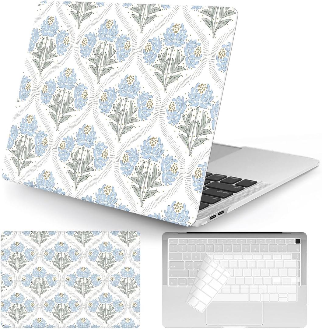 Seorsok Compatible with MacBook Air 13 Inch Case 2022 2021 2020 2019 2018 Release A1932 A2179 M1 A2337 Touch ID,Blue Noble Leaves and Floral Plastic Hard Shell Case with Keyboard Cover,Blooming Floral