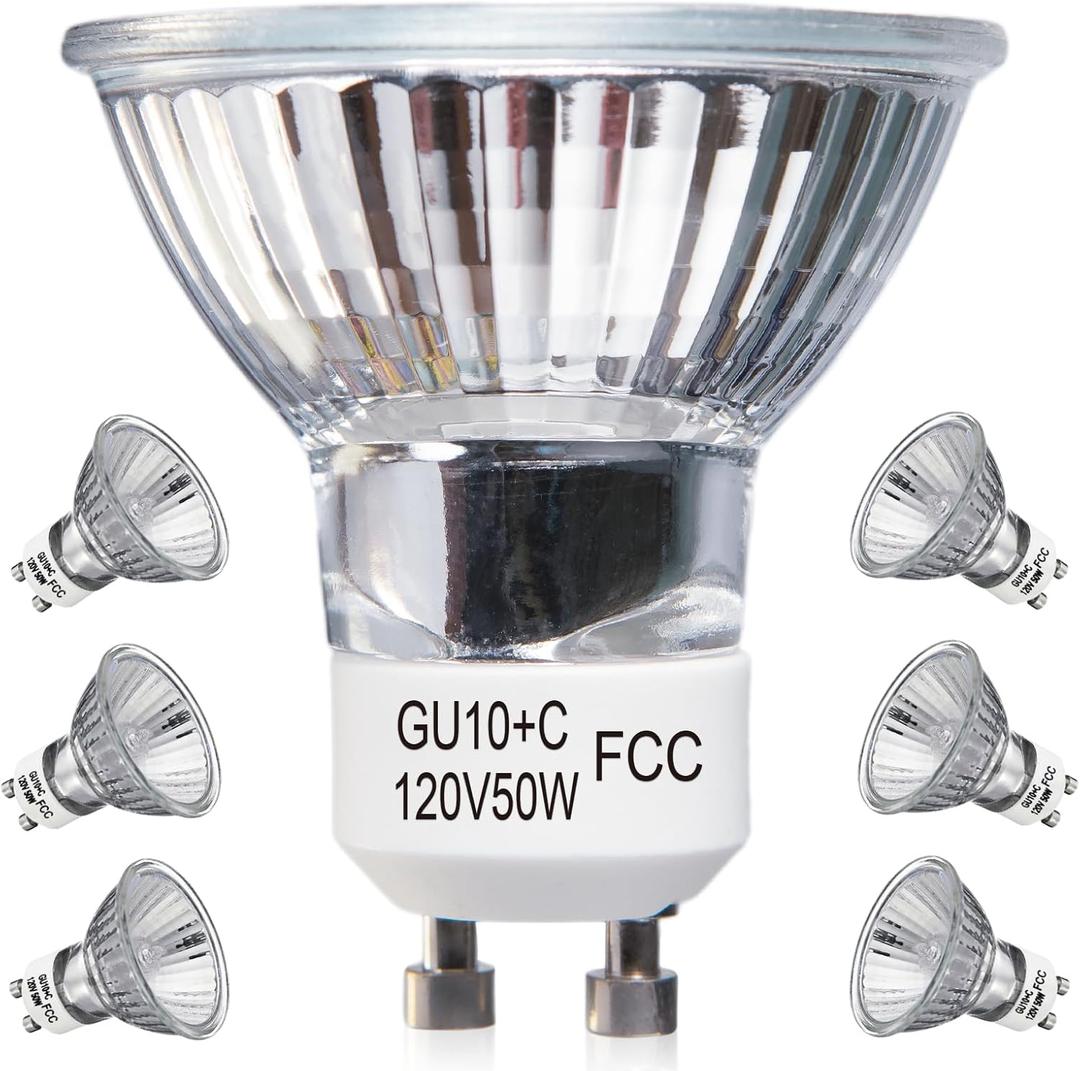 GU10 Halogen Light Bulbs, 6 Pack 120V 50W Dimmable MR16 GU10+C Bulbs with Glass Cover, 2800K Warm White Scent Wax Burner Light Bulb & Recessed Light Bulbs for Candle Warmer Lamp