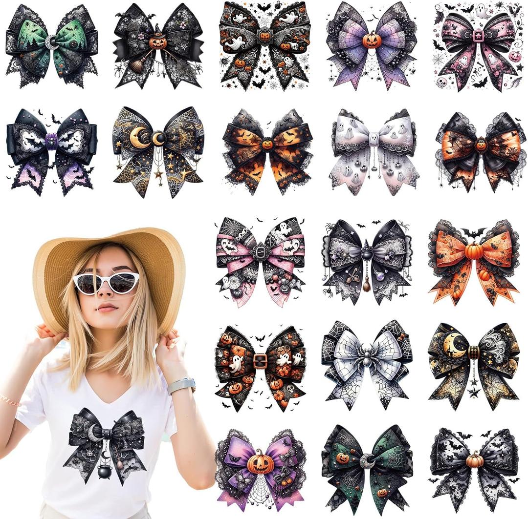 2 x Halloween Bow Iron on Transfers - 20 Sheets DTF Ready to Press Heat Patches Vinyl Designs Ghost Pumpkin Stickers Decals for Girl Women T Shirts Clothes Hoodies DIY Crafts Applique Decoration