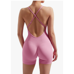 Women Strappy Backless Jumpsuits Tummy Control Bodycon Yoga Romper One Piece Workout Jumpsuit Shorts, Size Small