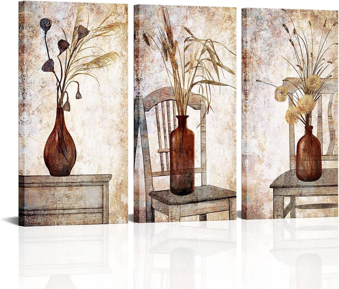 iHAPPYWALL Rustic Farmhouse Wall Art Vintage Brown Vase Floral Botanical on Chair Still Life Picture Artwork for Kitchen Bedroom Home Decor Ready to Hang 12x24inchx3pcs