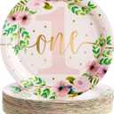 48-Pack Floral Paper Plates for Baby Girls 1st Birthday Decorations for Girl, One Birthday Plates, and Party Supplies for Floral Themed Celebration (9 in)