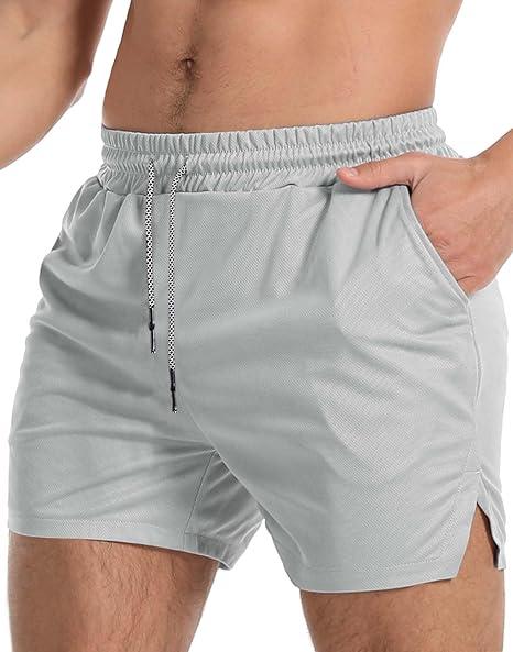 Aolesy Men's Gym Workout Shorts 5 Inch Lightweight Bodybuilding Athletic Shorts Running Training with Zipper Pockets & Towel Loop, Grey, 2XL 