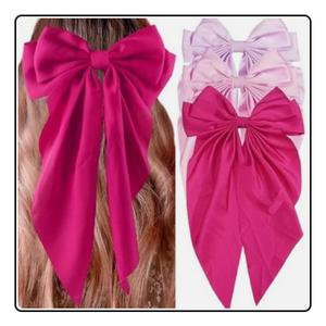 3Pcs Satin Hair Accessories: Big Bows, Hair Ties, and Long Tail Clips for Women and Girls (Purple, Pink, Magenta) 2 Pack