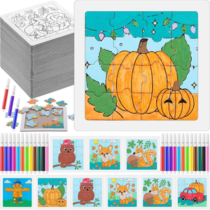  72pcs 4.7'' Fall Puzzles Bulk for Kids 48 Thanksgiving Jigsaw Puzzles and 24 Colorful Pens Color Your Own Jigsaw DIY Paper Craft Kit for Toddler Children Education Toy Autumn Party Favor Gift