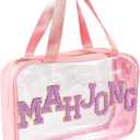 Empty Mahjong Bag, 11.81x8.66x3.54in PVC Material Clear American Mahjong Tile Travel Carrying Storage Case with Smooth Zipper and Sewn-in Chenille Lettering Patterns for Game Lovers(Only Bag, Pink)
