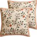 Design Linen Classic Throw Pillow Covers 18"x18" Pack of 2, French Farmhouse Square Cushion Covers with Orange White Floral Pattern Decoration Pillowcases for Bed,Living Room,Outdoor,Car
