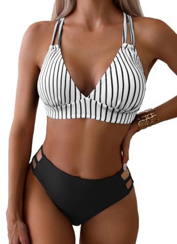 Fanuerg Women's V Neck Bikini Sets Hollow Out Push Up Swimsuit Criss Cross Back Two Piece Bathing Suit Black Stripe XL