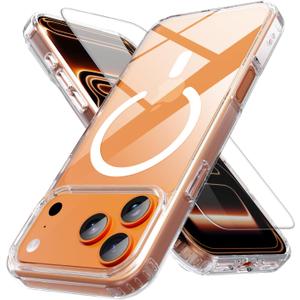 Anti-Yellowing Magnetic for iPhone 17 Pro Case with 1 Screen Protector [Mil-Grade Drop Protection] [Compatible with Magsafe] Shockproof Slim Transparent Protective Phone Case, Clear