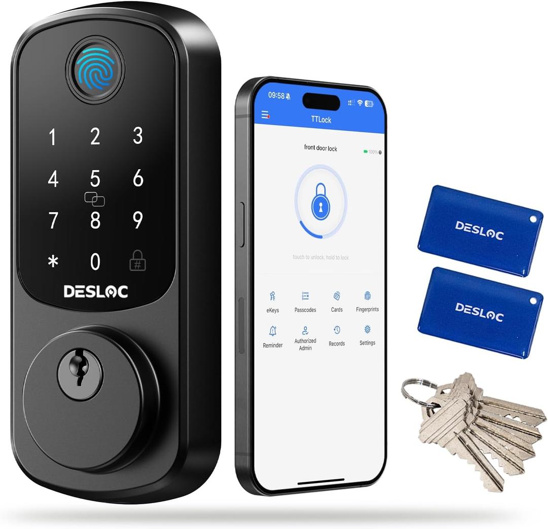 DESLOC B200 Fingerprint Smart Door Lock, Keyless Entry Door Lock, App Control, Smart Locks for Front Door, Smart Deadbolt Lock, Touchscreen Keypad, Emergency Power Port, 12 Months Battery, IP54 (Matte Black)