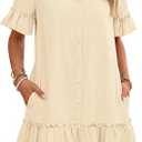 MEROKEETY Women's Summer Casual Button Mini Shirt Dress, Beige, S